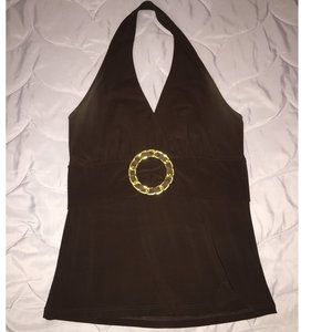 Brown Halter Tank Top with Gold Circle Loop